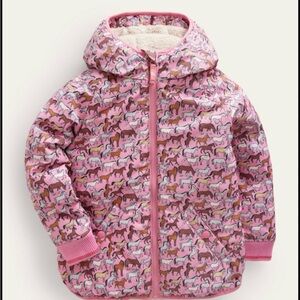 Boden. Pink Horse Print Hooded Puffer Jacket